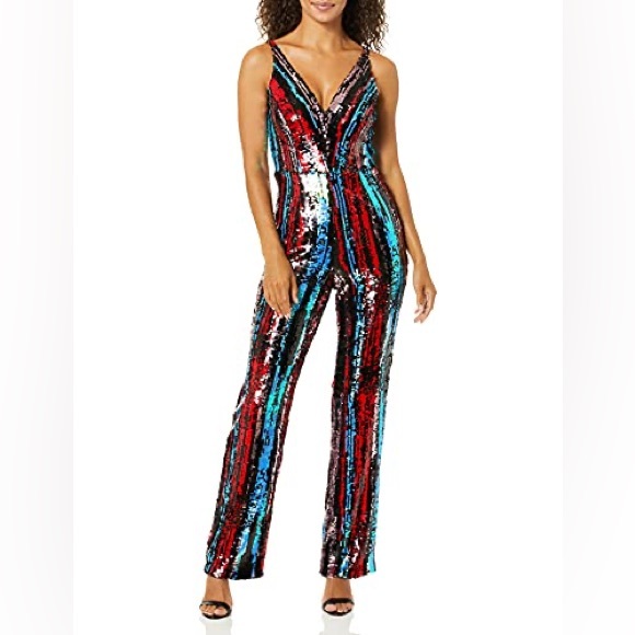 Dress the Population Charlie Black Multi Sequin plunging v neck Jumpsuit XL - Picture 1 of 6